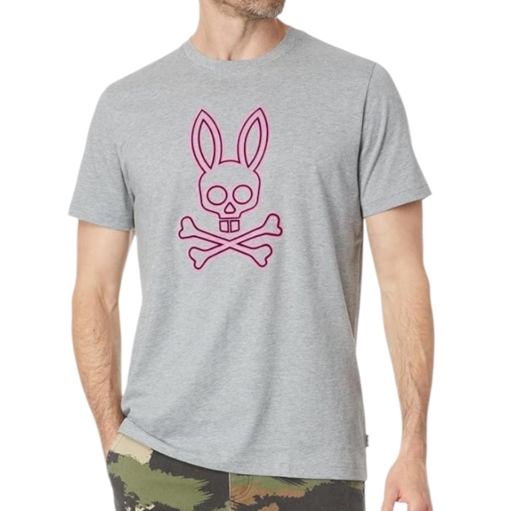 Psycho Bunny Gray Tee with Pink Bunny Skull Graphic